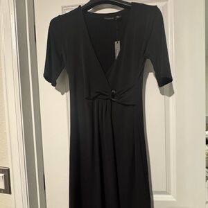 Tahari Black Sheath Midi Dress V-Neck Short Sleeve